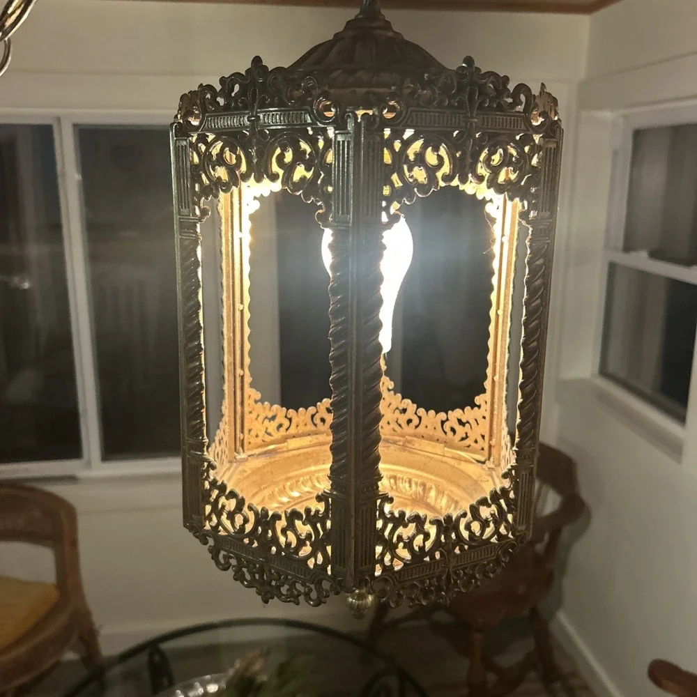 Vintage MCM Ornate Gothic Hanging Swag Lamp Hollywood Regency Pendant GIM 3056